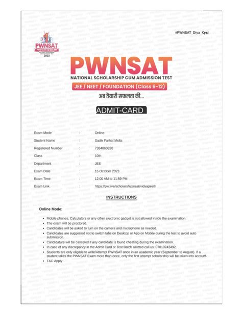 PW SAT Admit Card 2023 .